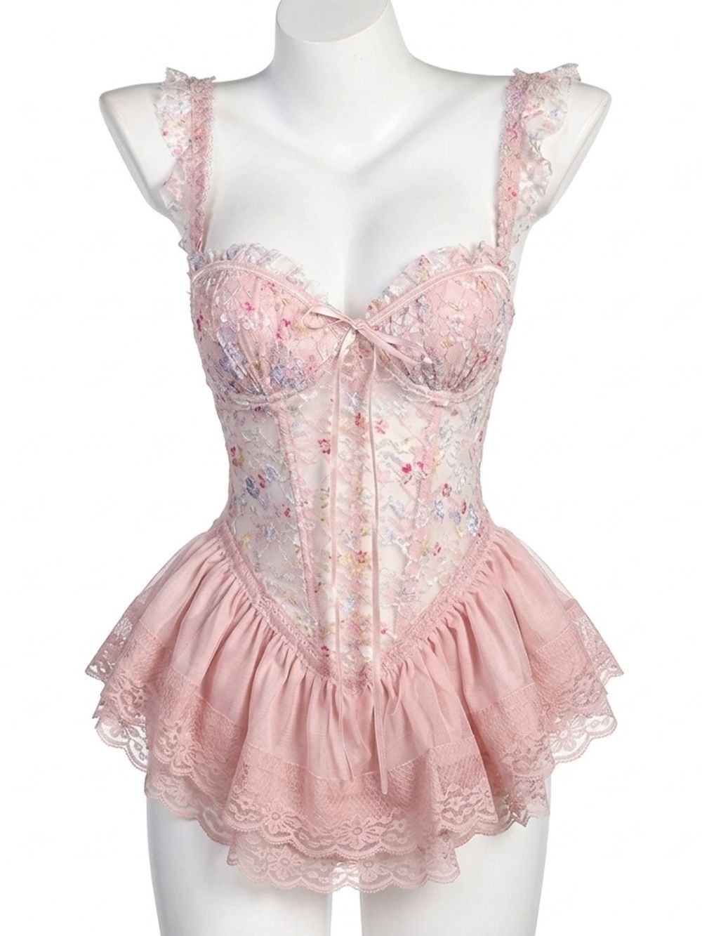 Delicate Pink Lace Corset Bustier Romper Intimate Coquette Aesthetic Balletcore